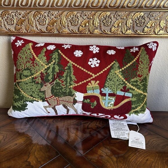 Santa's‎ Workshop Decorative Pillow Christmas Motif Feather Fill 14" x 24" NWT - Picture 2 of 12
